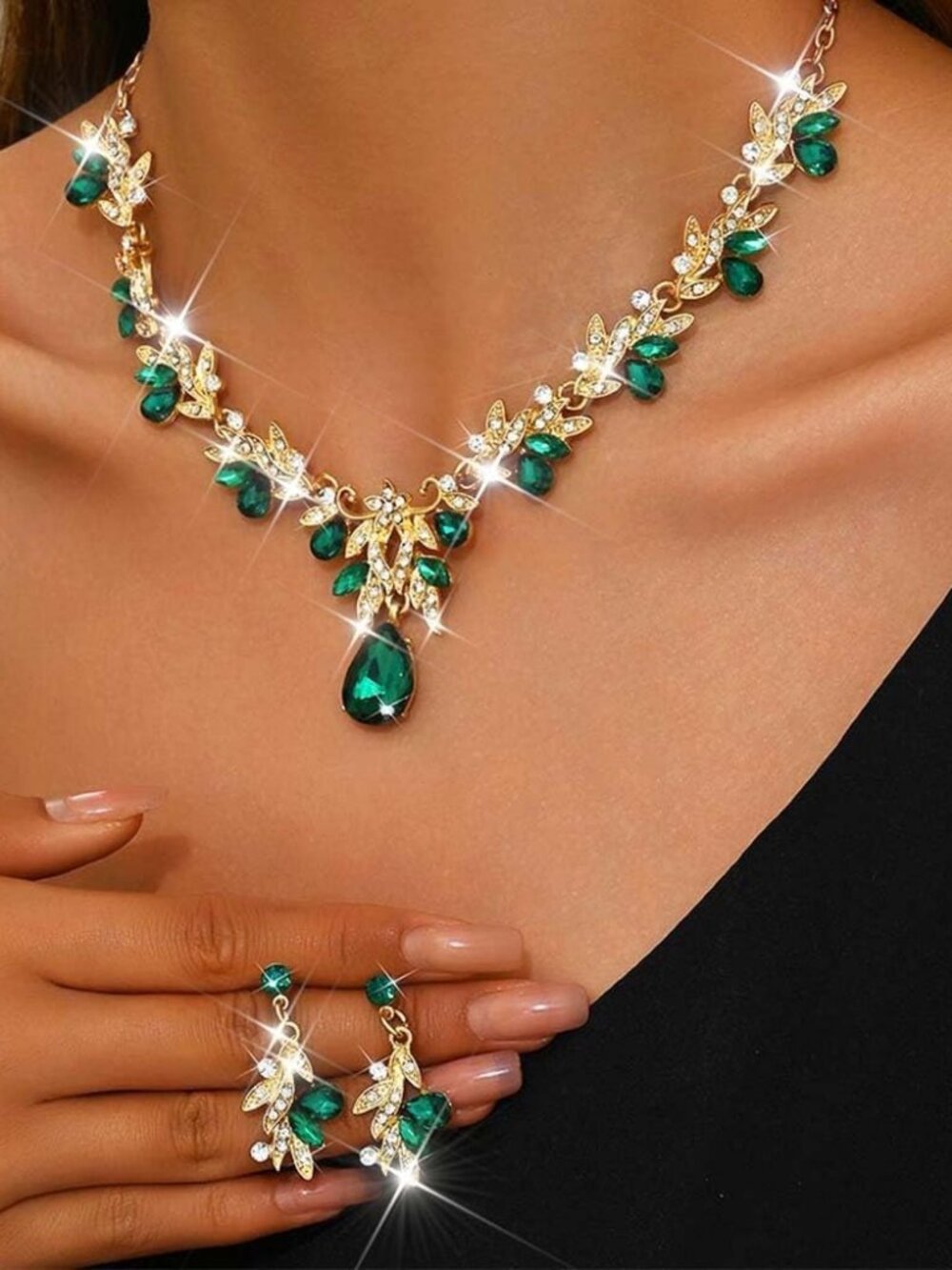 Rhinestone Bridal Wedding Jewelry Sets Gold Necklace Earrings